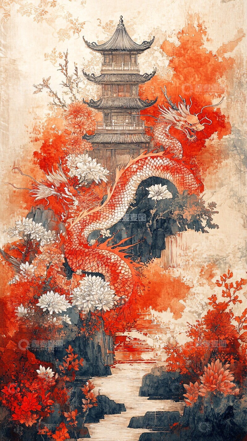 高清大图下载【趣麦麦图】龙纹火焰花纹挂毯1