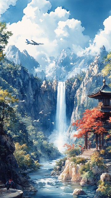 飞机飞翔山水间