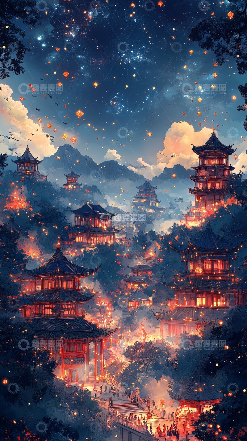 高清大图下载【趣麦麦图】古建山川夜色图1