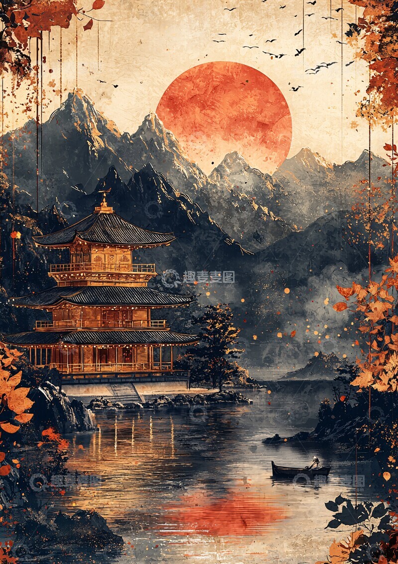 高清大图下载【趣麦麦图】山水波涛金叶