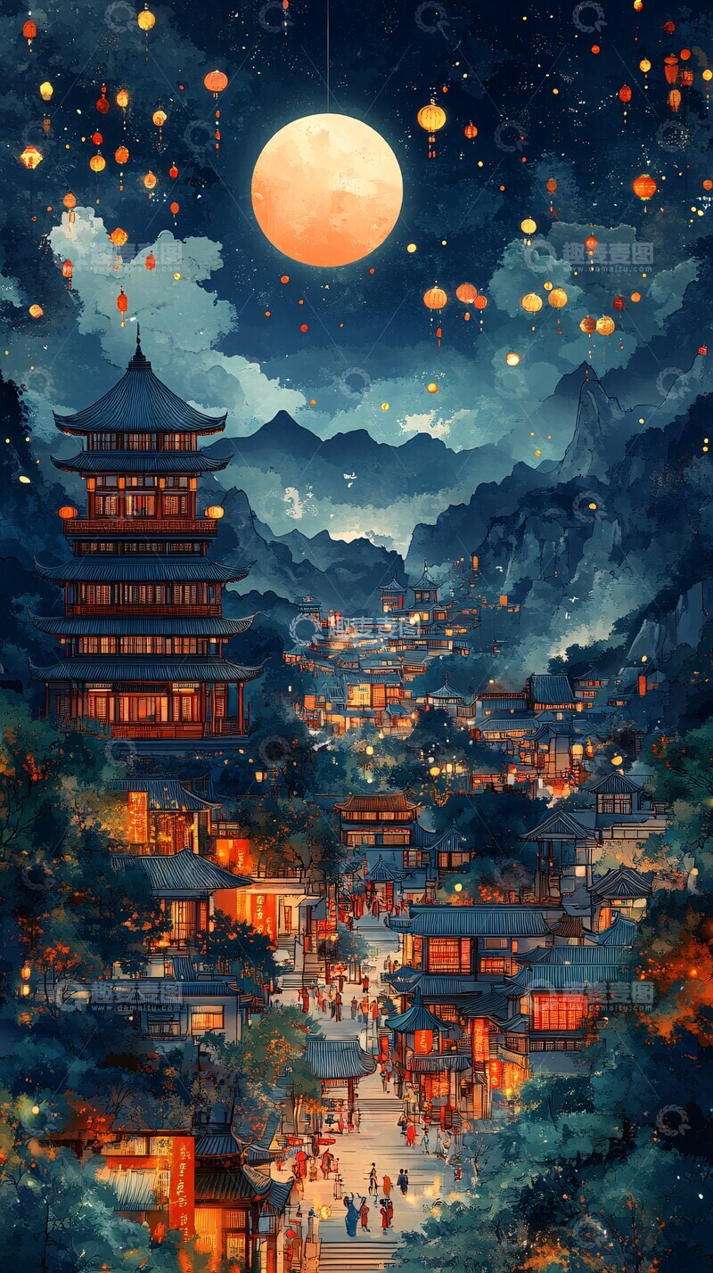 高清大图下载【趣麦麦图】古建山川夜色图