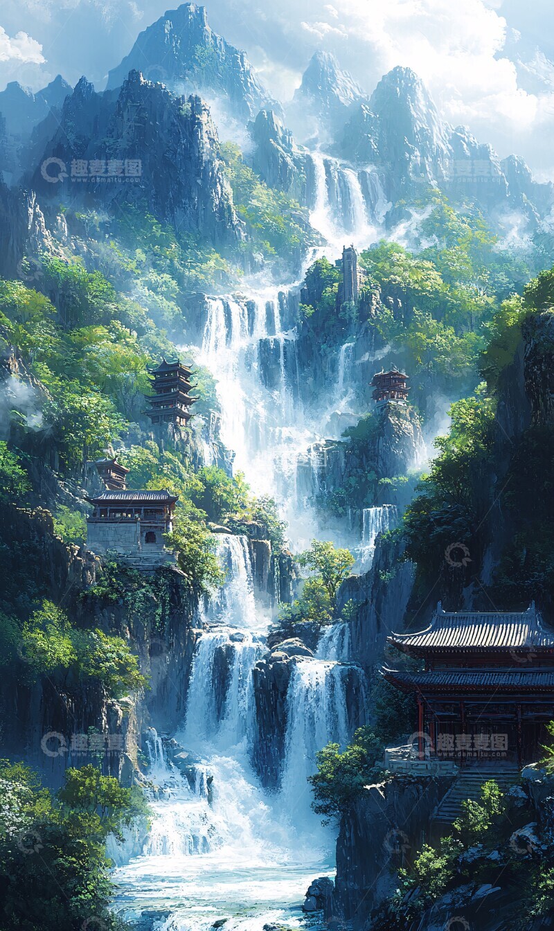 高清大图下载【趣麦麦图】冰峰飞瀑图冰峰飞瀑山峰