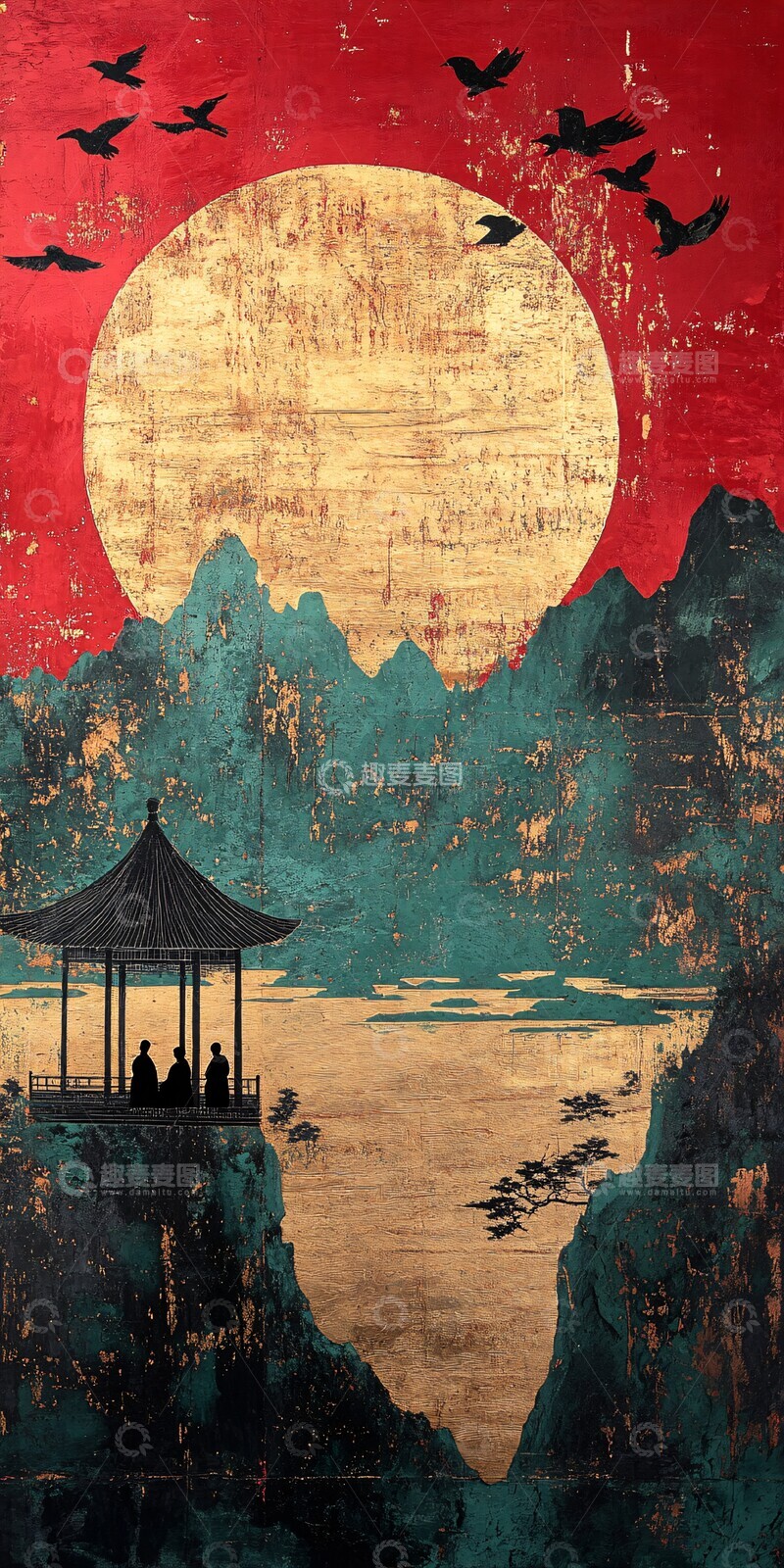 高清大图下载【趣麦麦图】丹顶鹤亭中品茶2