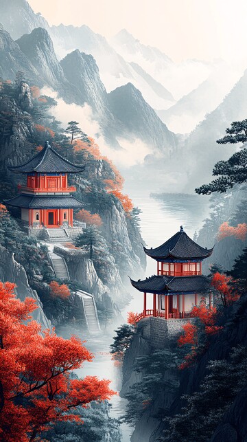 古建筑山水背景1