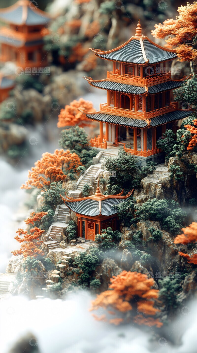 高清大图下载【趣麦麦图】云绕建筑木雕绣3