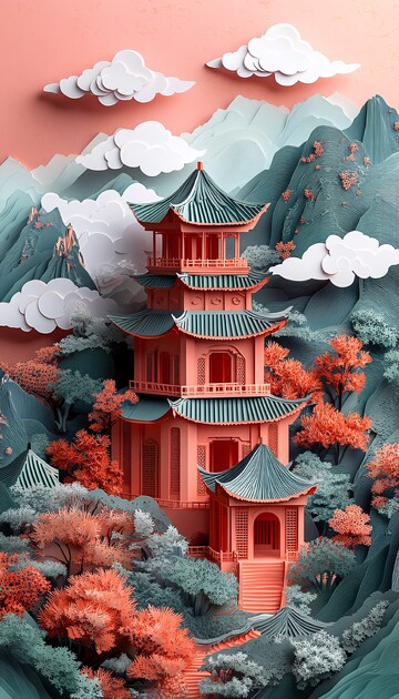 五彩祥云山亭图