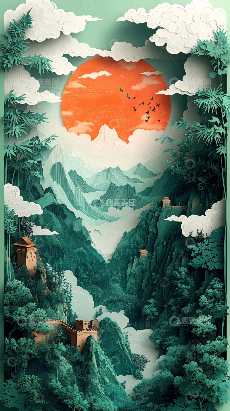 长城熊猫竹云纸雕1