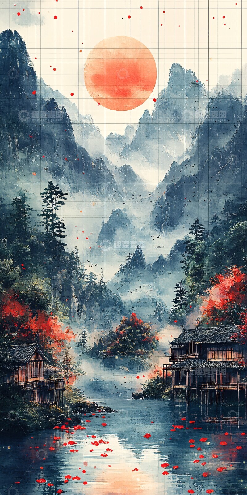 高清大图下载【趣麦麦图】山水烟云湖畔屋