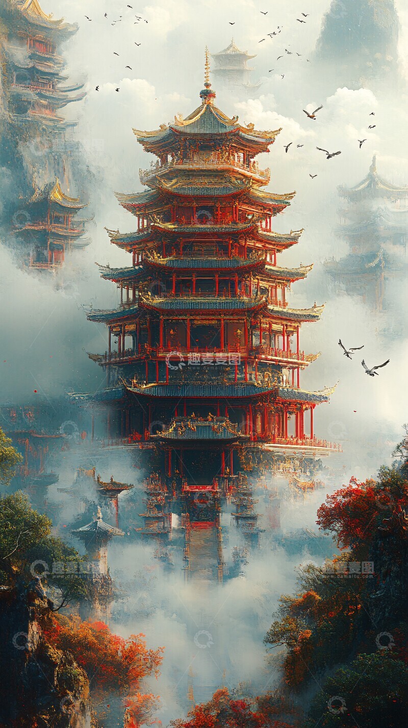 高清大图下载【趣麦麦图】金玉祥云仙鹤图