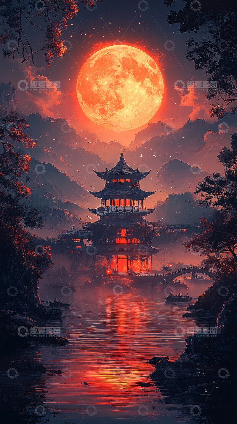 高清大图下载【趣麦麦图】中秋月色映古寺