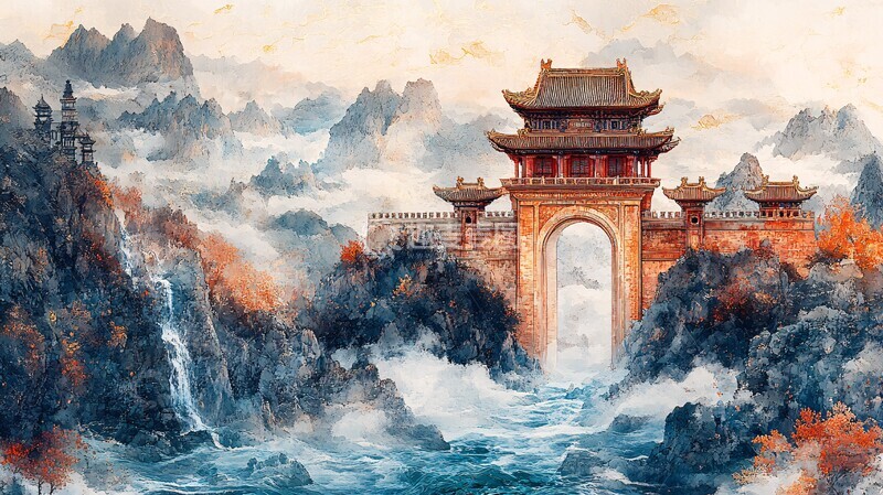 高清大图下载【趣麦麦图】山水楼阁图山水楼阁天空