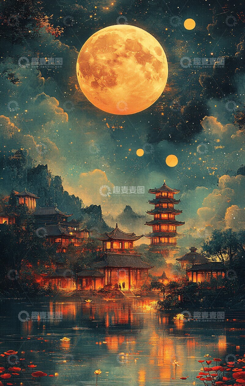 高清大图下载【趣麦麦图】中秋月夜儿童嬉戏1