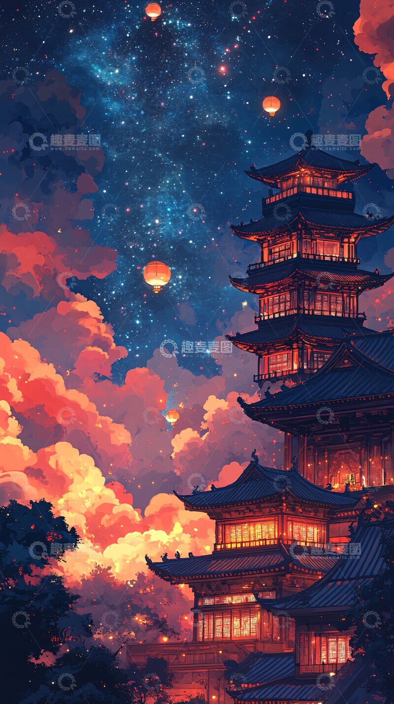 高清大图下载【趣麦麦图】古建星空夜古建星空夜空1