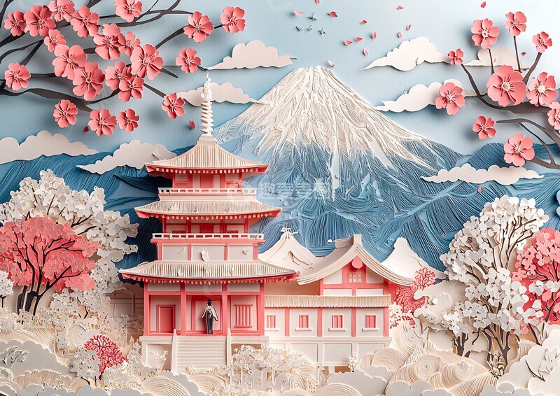 高清大图下载【趣麦麦图】樱花富士纸雕壁纸1