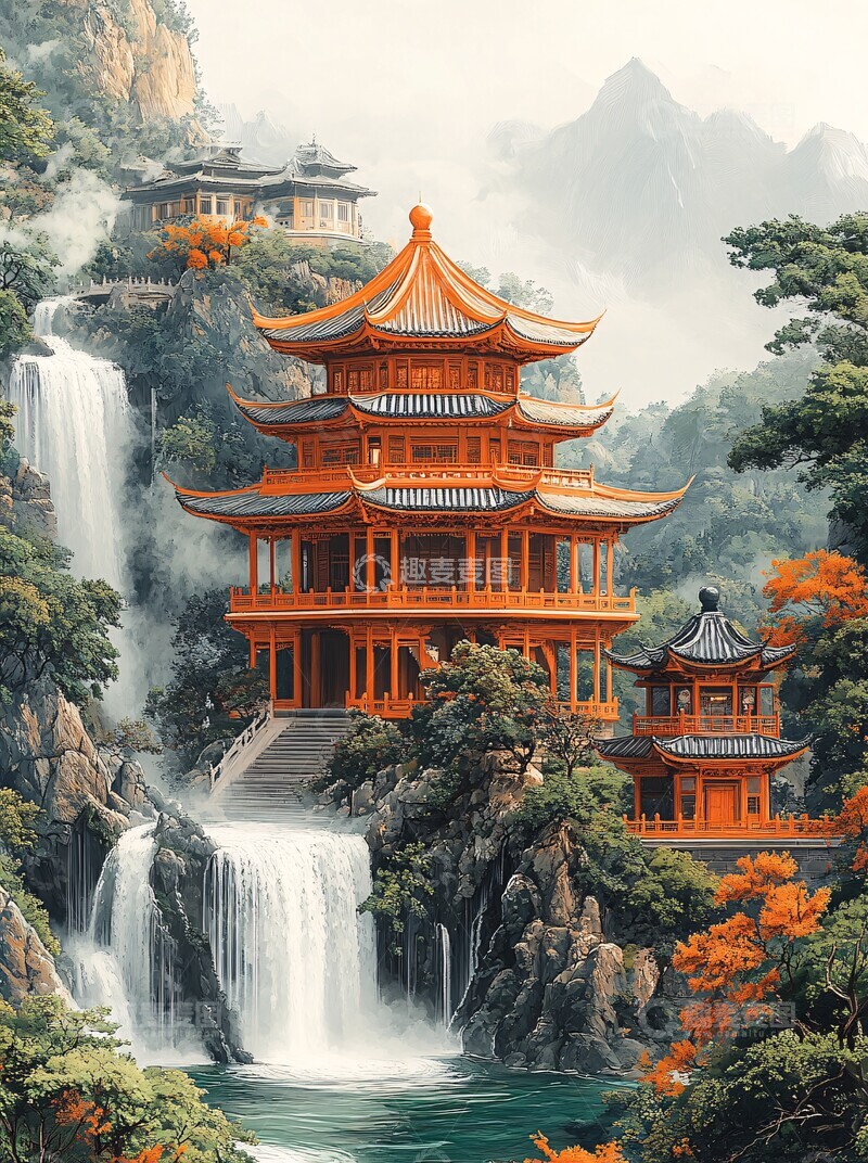 高清大图下载【趣麦麦图】青山绿水亭阁图