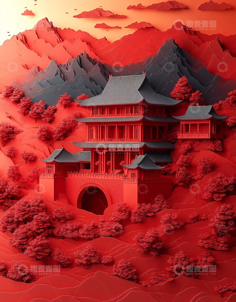 高清大图下载【趣麦麦图】中国剪纸建筑景3