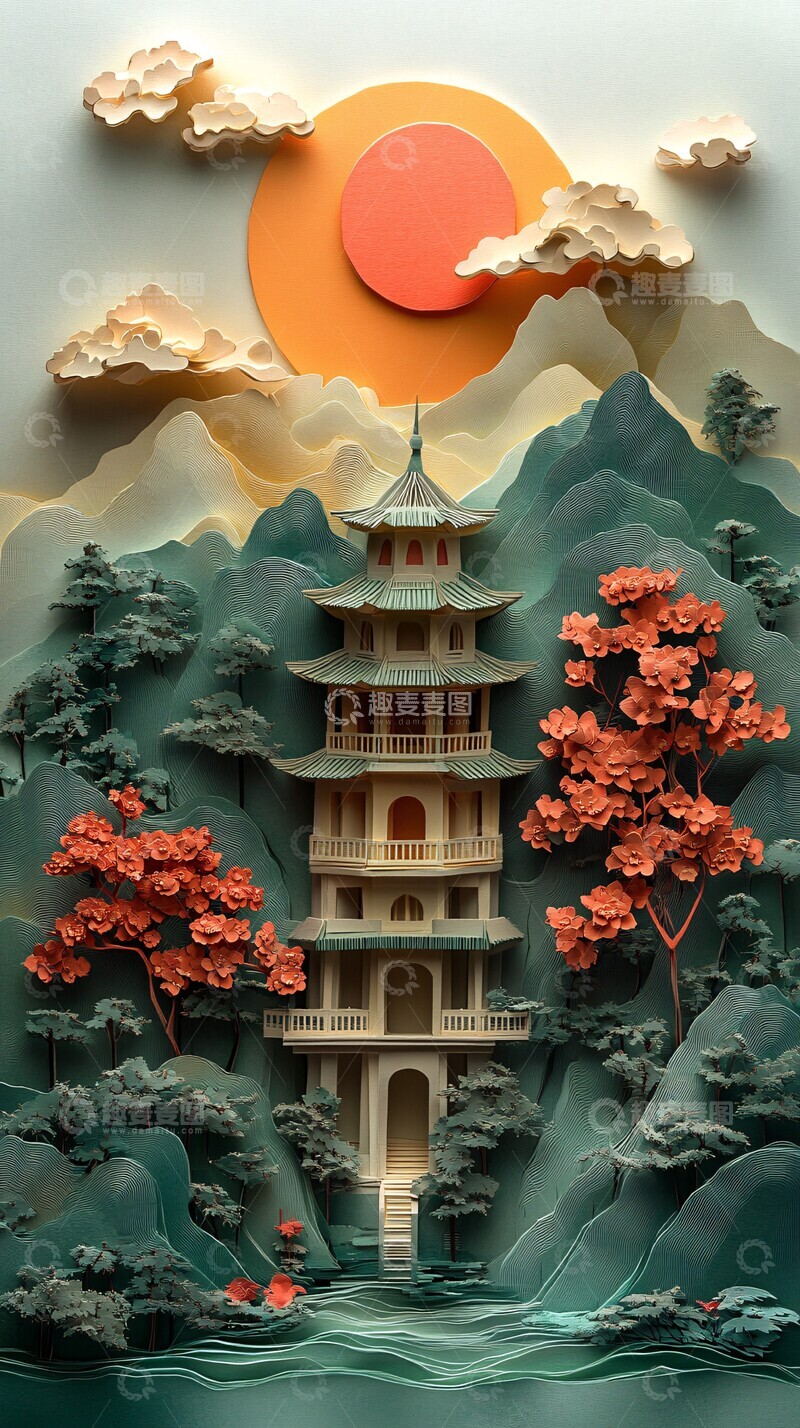 高清大图下载【趣麦麦图】西湖纸艺绿色黄色粉色