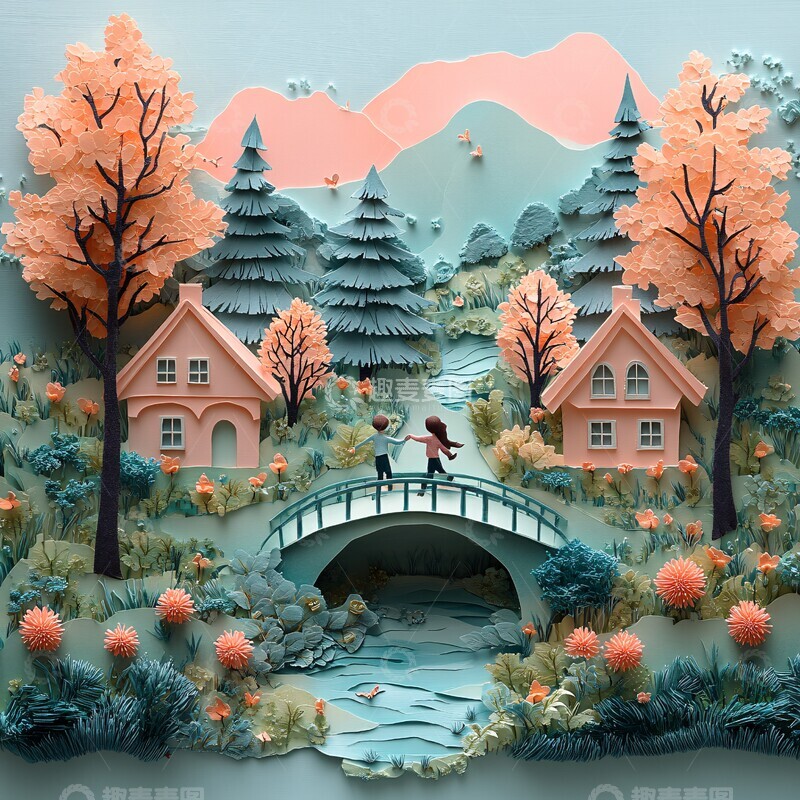 高清大图下载【趣麦麦图】粉木桥流水童趣图3
