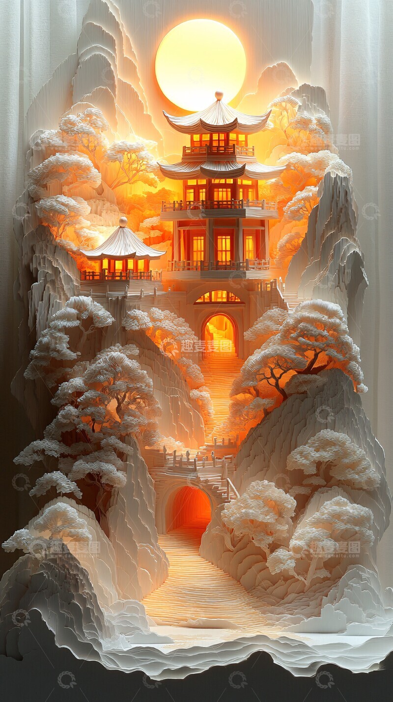 高清大图下载【趣麦麦图】山水庙宇纸艺书封3