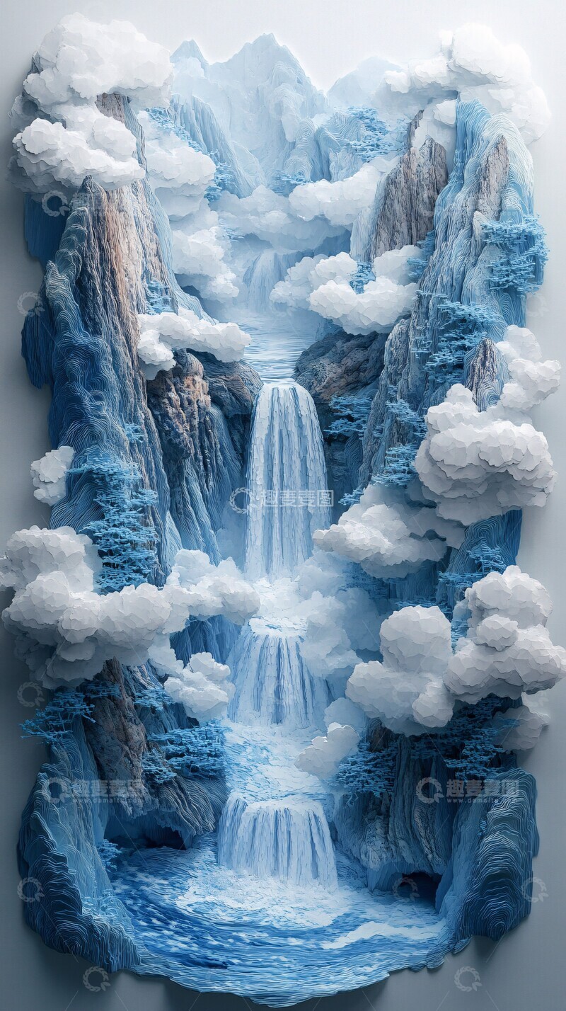 高清大图下载【趣麦麦图】瀑布剪纸俯视图3