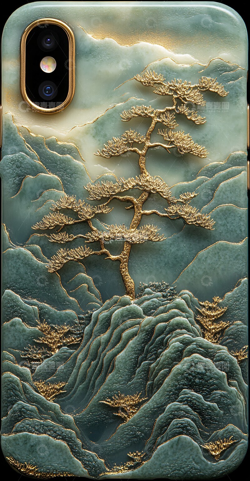 高清大图下载【趣麦麦图】玉雕金线山林手机壳