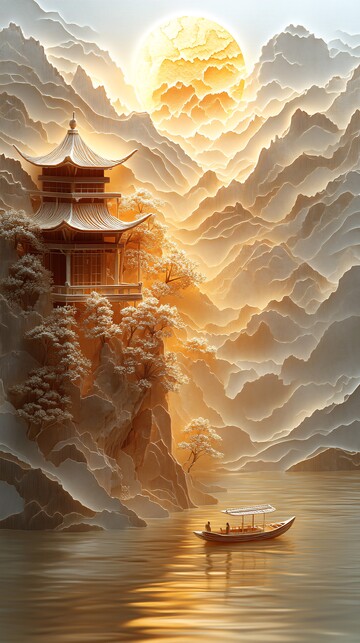 山水纸雕金辉景