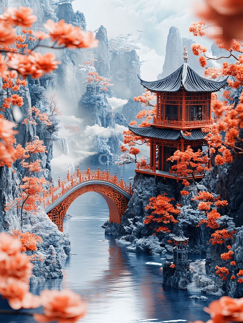 高清大图下载【趣麦麦图】宣纸浮雕山水卷轴