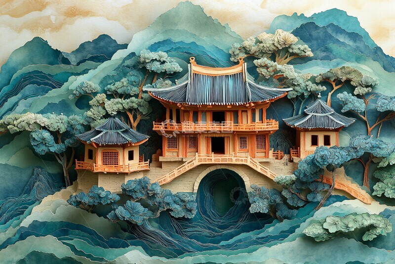 高清大图下载【趣麦麦图】纸雕山水宫殿1