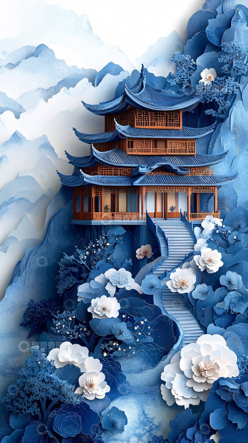 高清大图下载【趣麦麦图】山水建筑剪纸