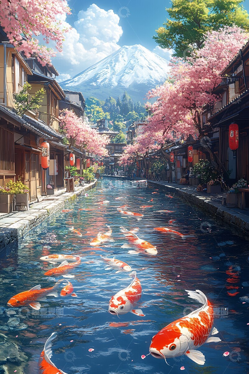 高清大图下载【趣麦麦图】樱花河畔金鱼游1