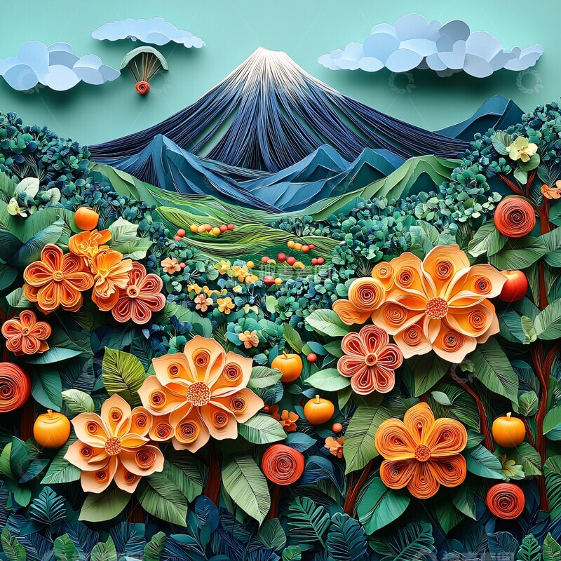 高清大图下载【趣麦麦图】苹果园与山景剪纸3