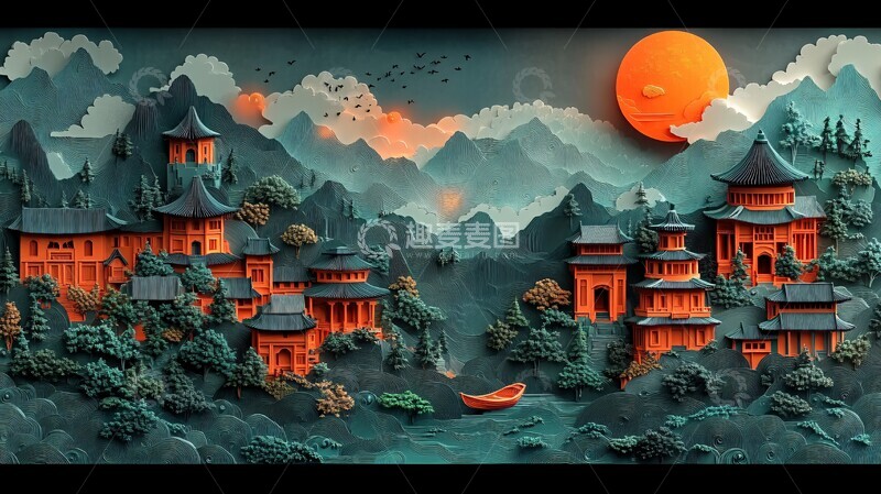 高清大图下载【趣麦麦图】祥云夜空山水画1