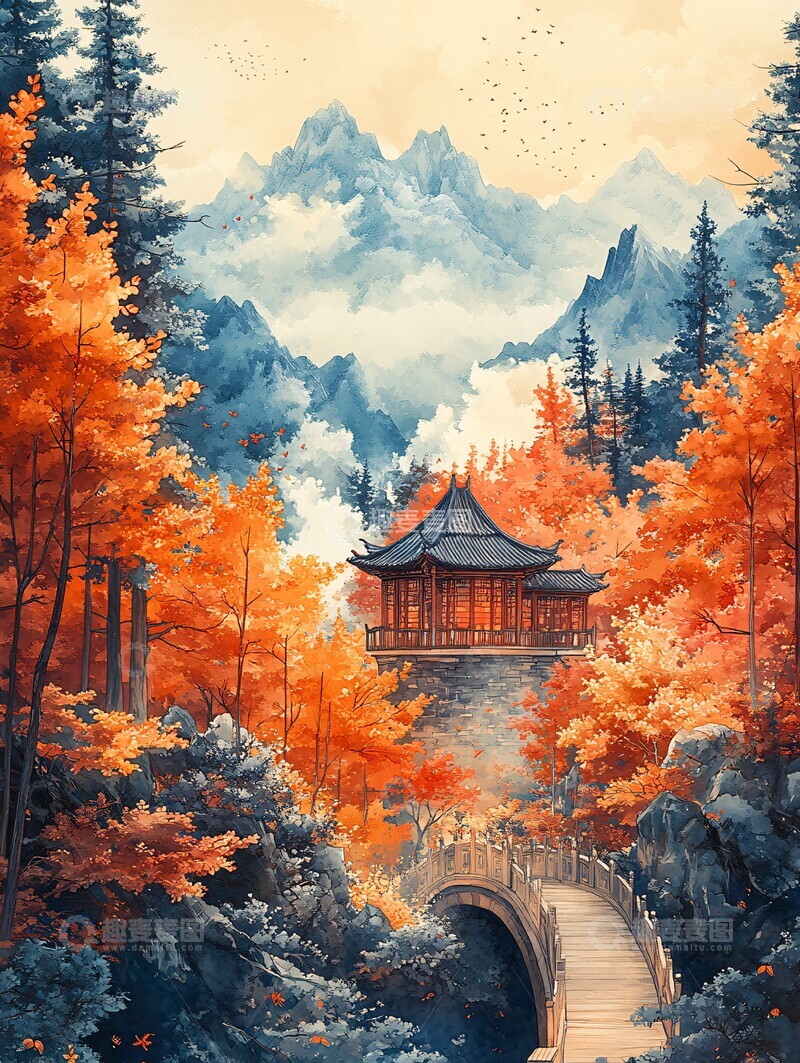 高清大图下载【趣麦麦图】红底山景隧道图