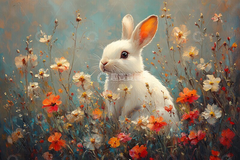 高清大图下载【趣麦麦图】白兔花丛油画