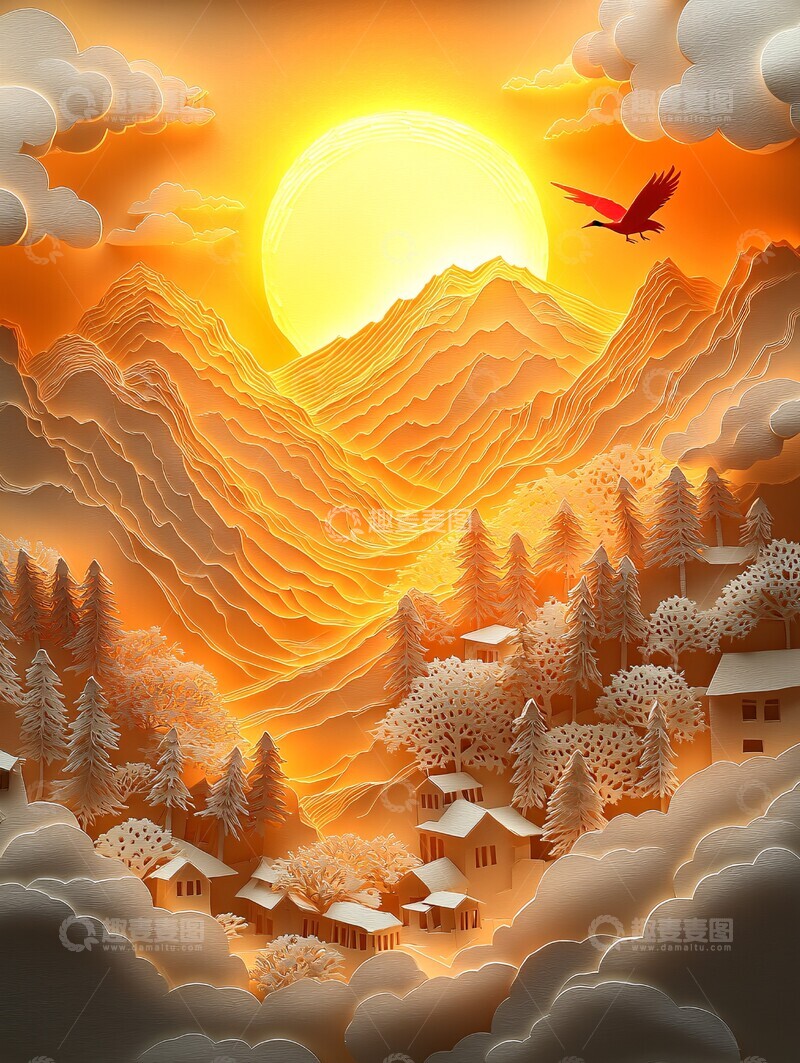 高清大图下载【趣麦麦图】冬日山间金阳光3