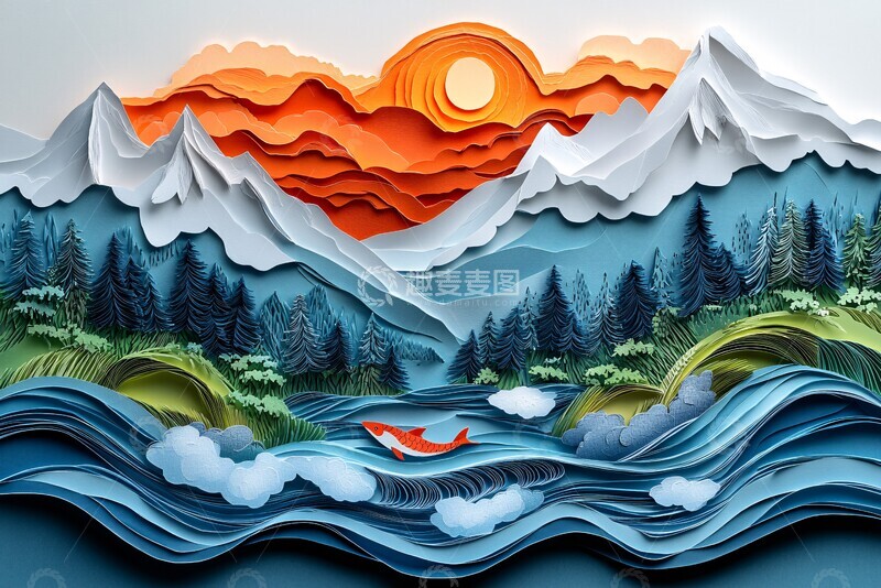 高清大图下载【趣麦麦图】鲑鱼洄游纸艺景