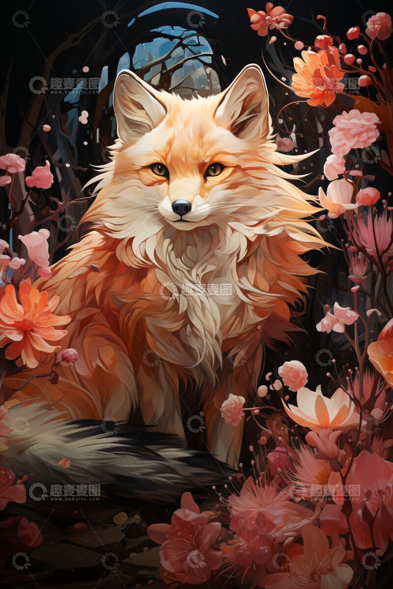 高清大图下载【趣麦麦图】九尾狐舞动花瓣间3
