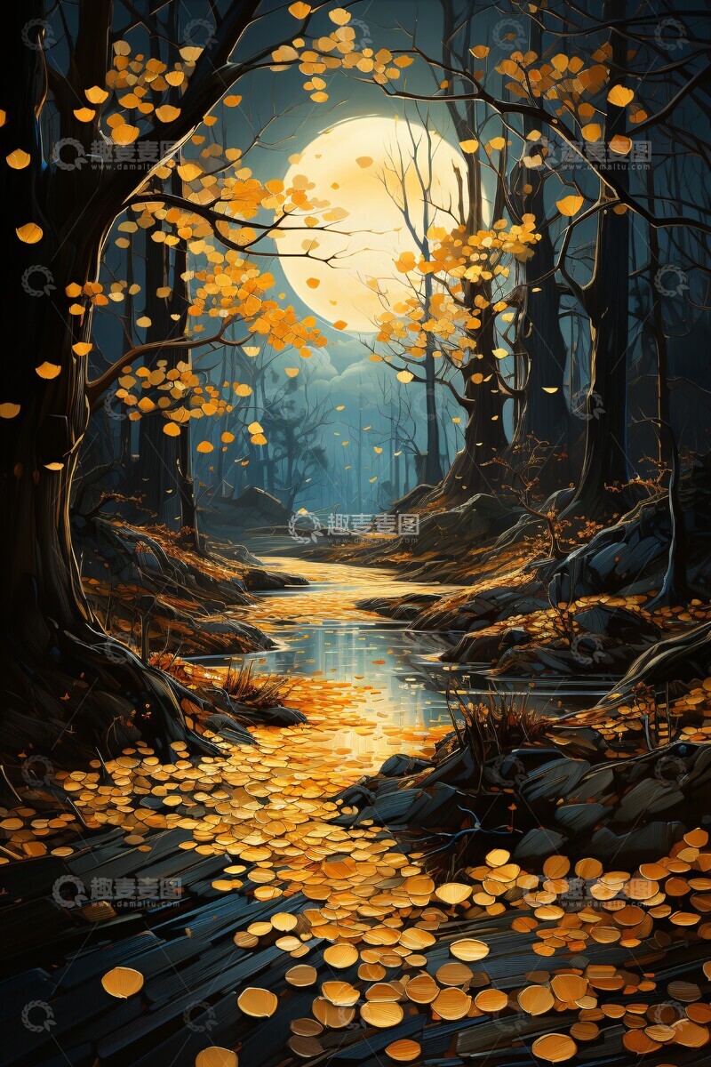 高清大图下载【趣麦麦图】黄金树叶水景图
