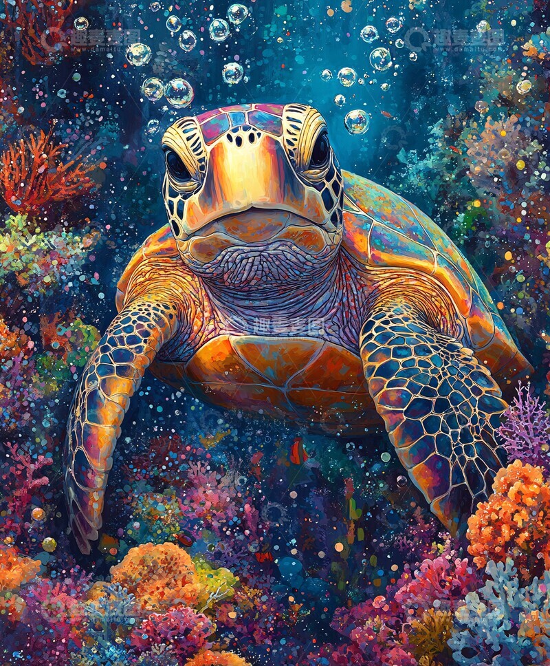 高清大图下载【趣麦麦图】海龟与珊瑚水彩画1