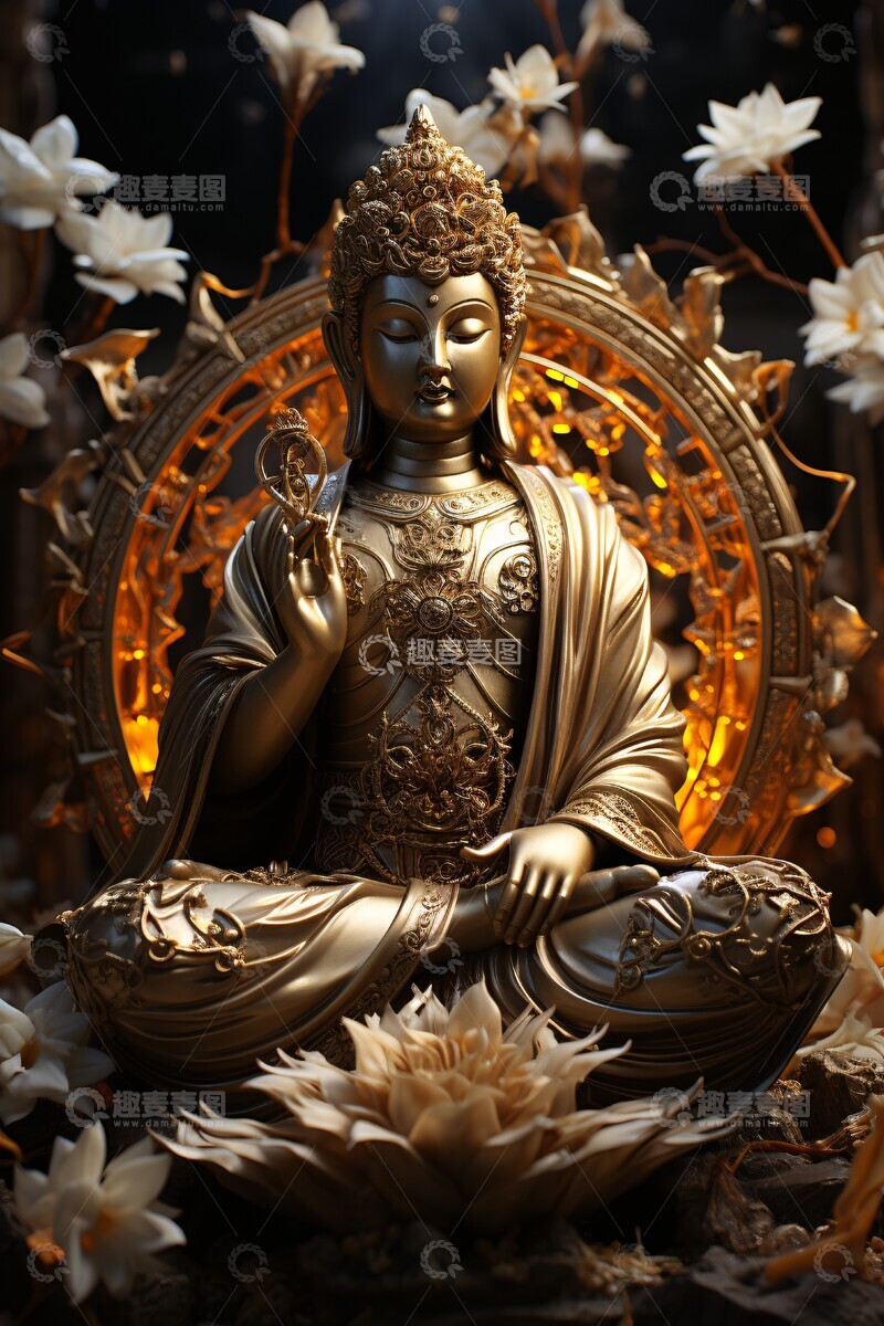 高清大图下载【趣麦麦图】佛像持莲灯佛像莲花金色1