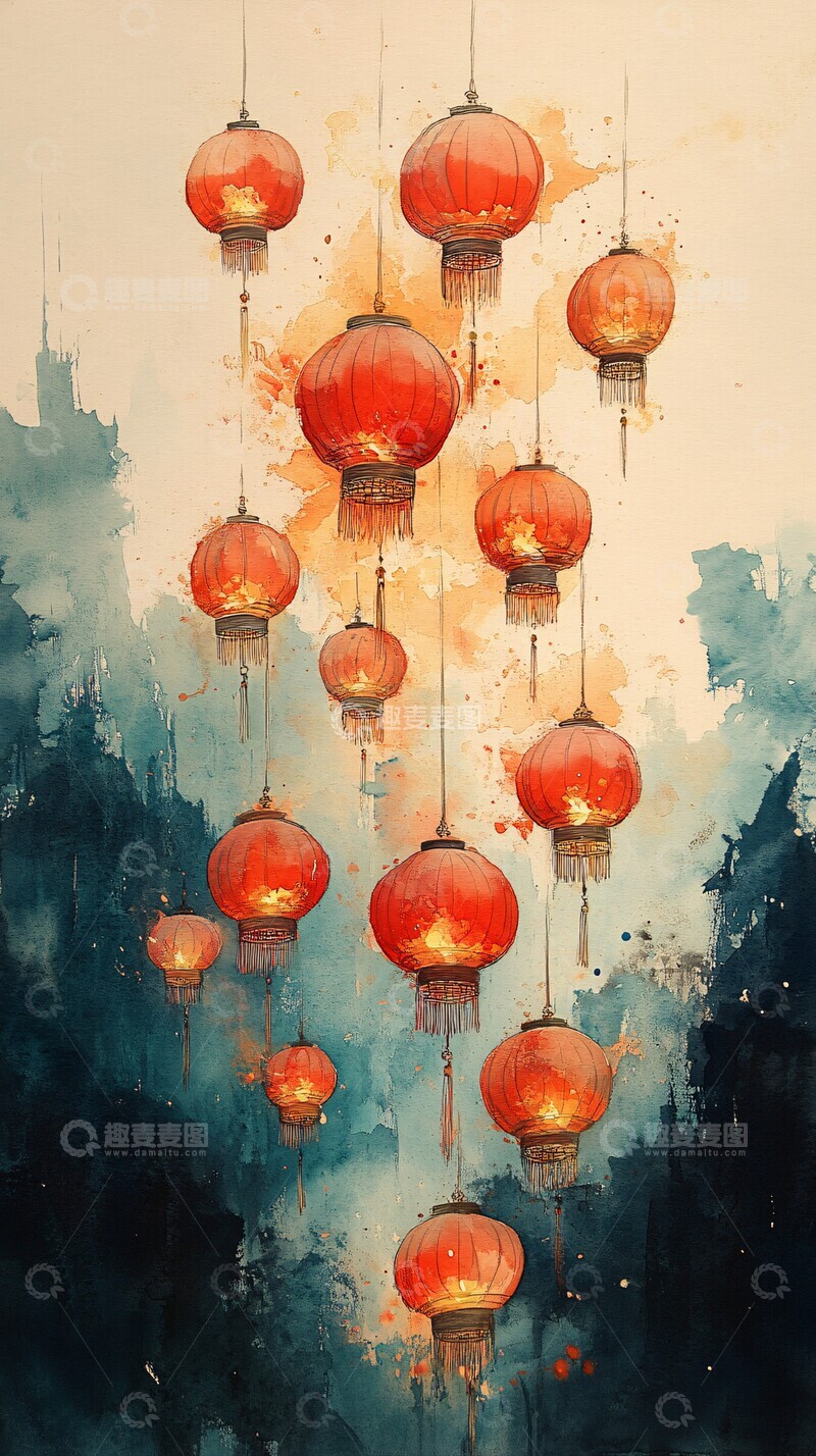 高清大图下载【趣麦麦图】灯笼水墨画灯笼水墨新年2