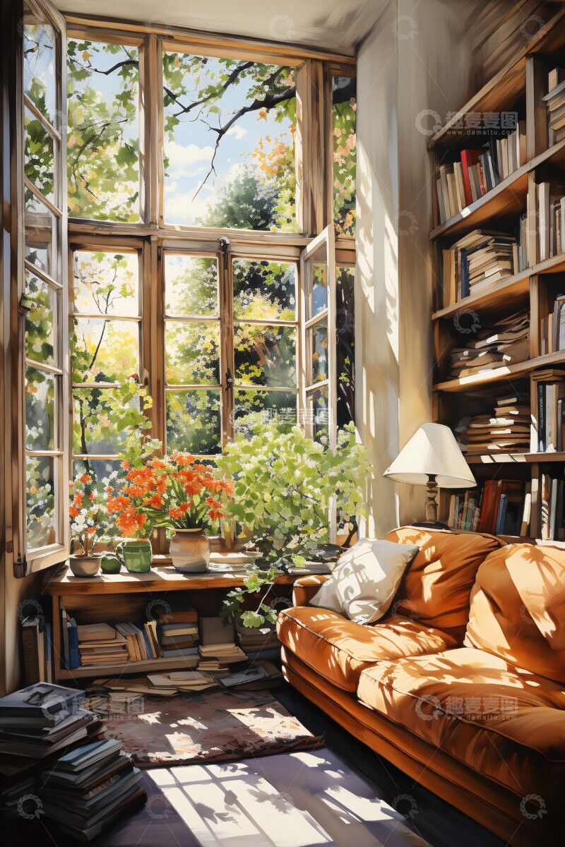 高清大图下载【趣麦麦图】绿色沙发与书墙