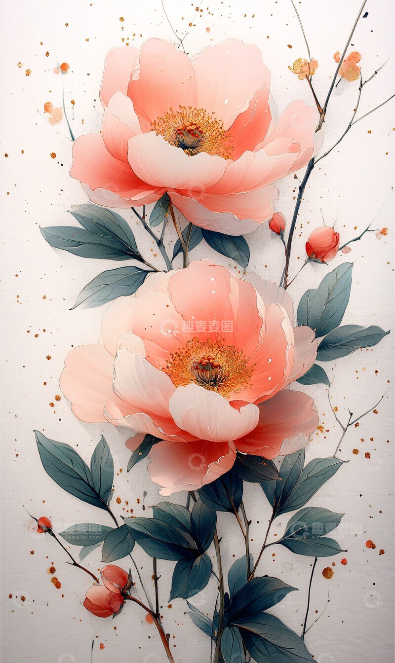 高清大图下载【趣麦麦图】粉红牡丹墨绘1