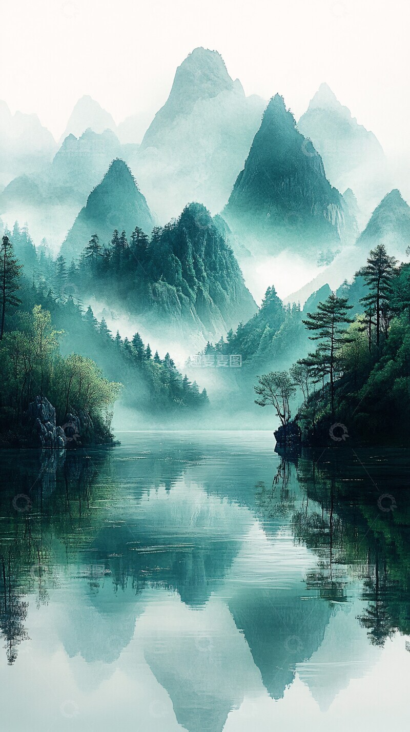 高清大图下载【趣麦麦图】山雾水彩图水彩绿色抽象3