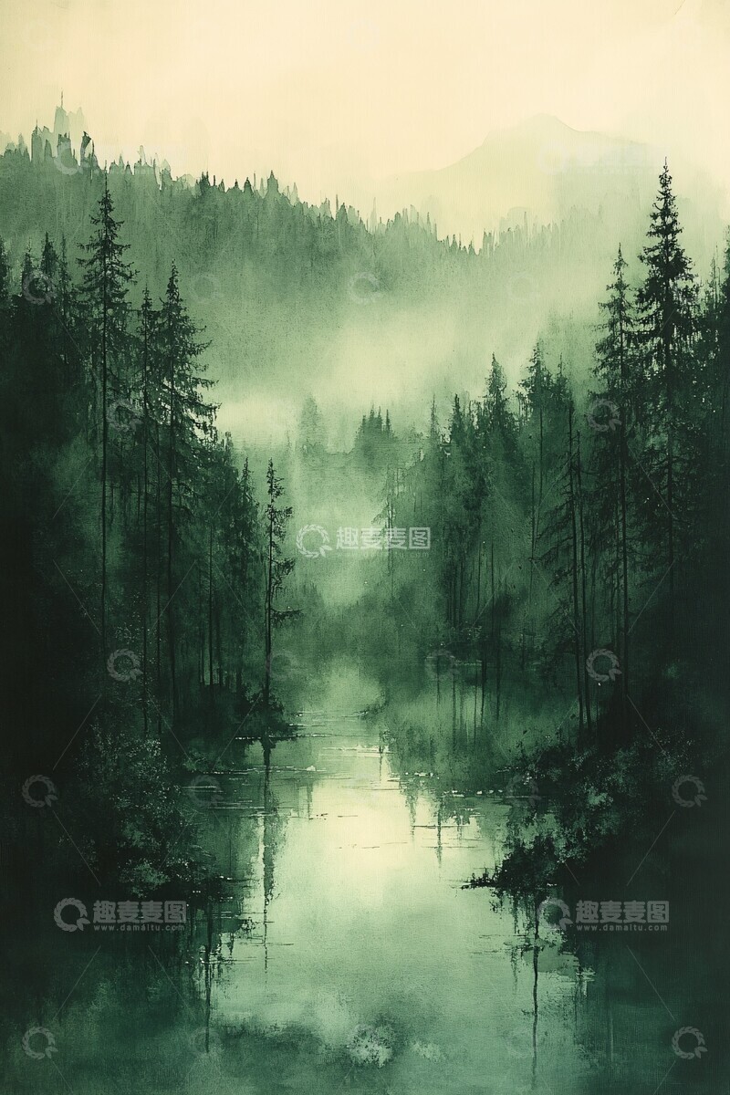 高清大图下载【趣麦麦图】雨后森林水彩画3