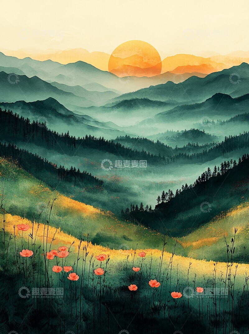 高清大图下载【趣麦麦图】山水画卷轻绿黄3