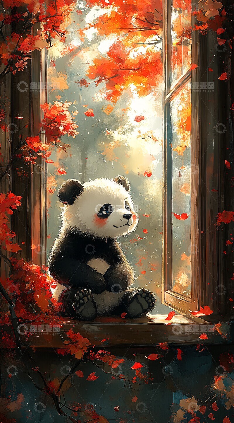 高清大图下载【趣麦麦图】熊猫窗台赏花图2
