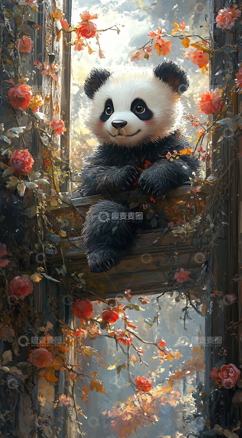 高清大图下载【趣麦麦图】熊猫窗台赏花图3
