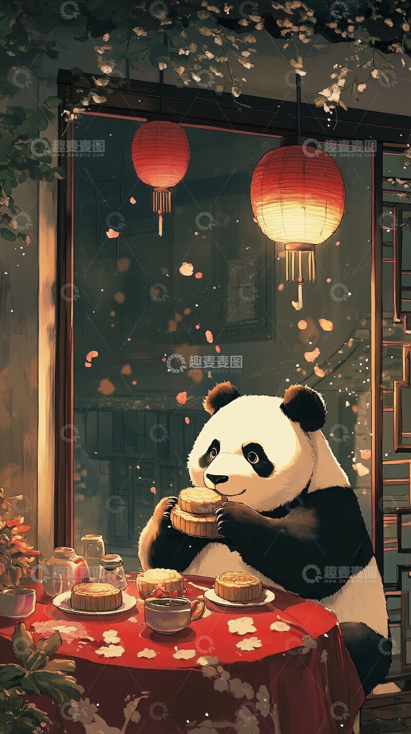 高清大图下载【趣麦麦图】熊猫吃月饼熊猫月饼节日2