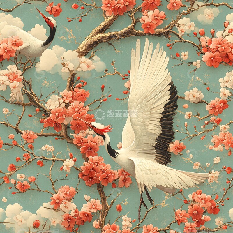 高清大图下载【趣麦麦图】樱花下展翅的鹤3